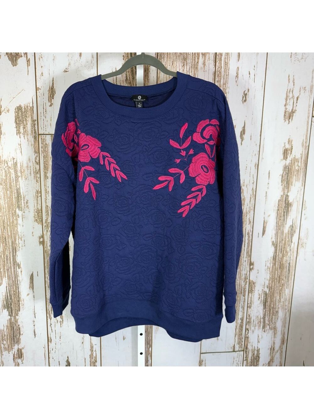 Curations, Chic Navy Sweater Quilted with Pink Floral Design. Size 1X.